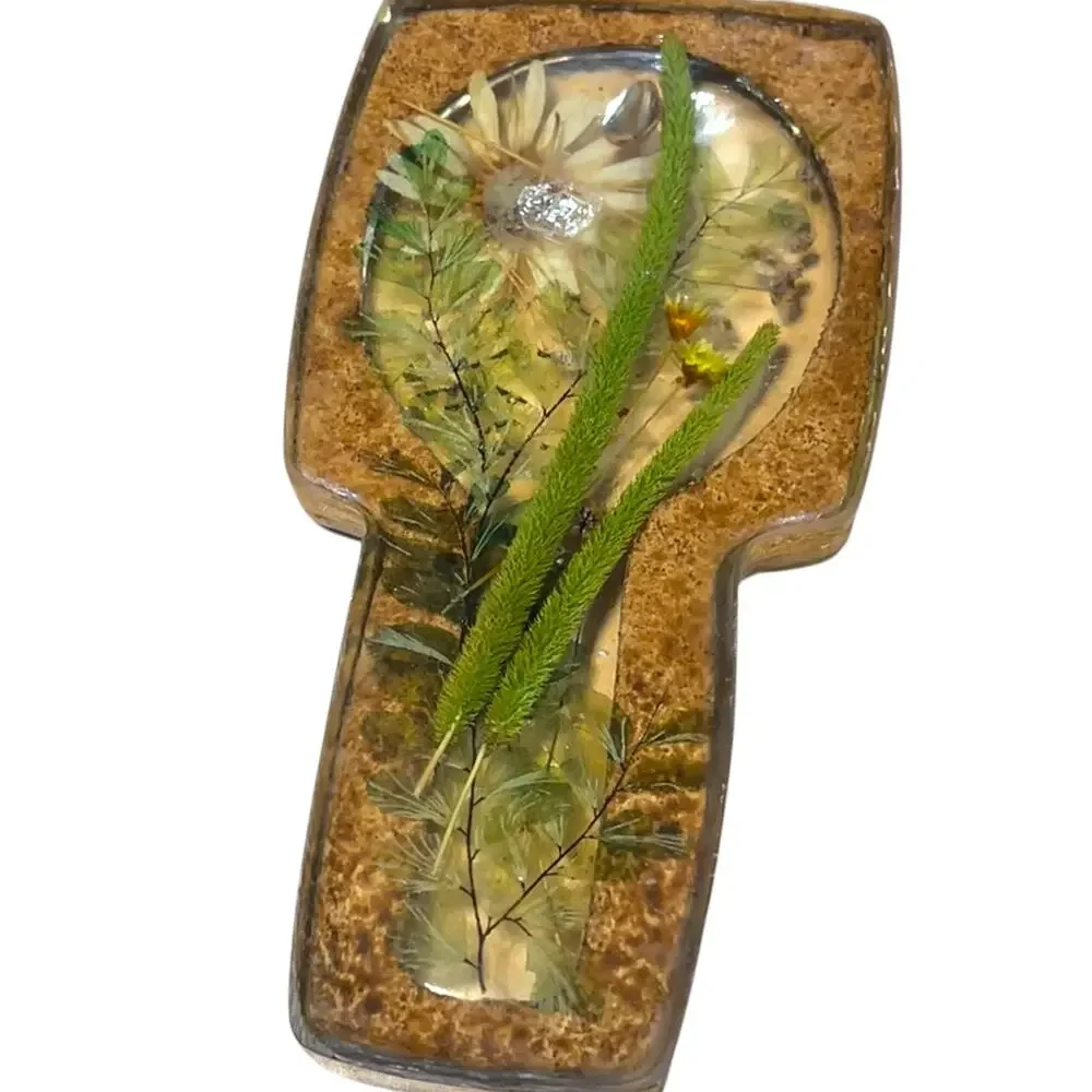 Vintage Lucite Style Pressed Flower Spoon Rest Ladybug Faux Wood Handmade
